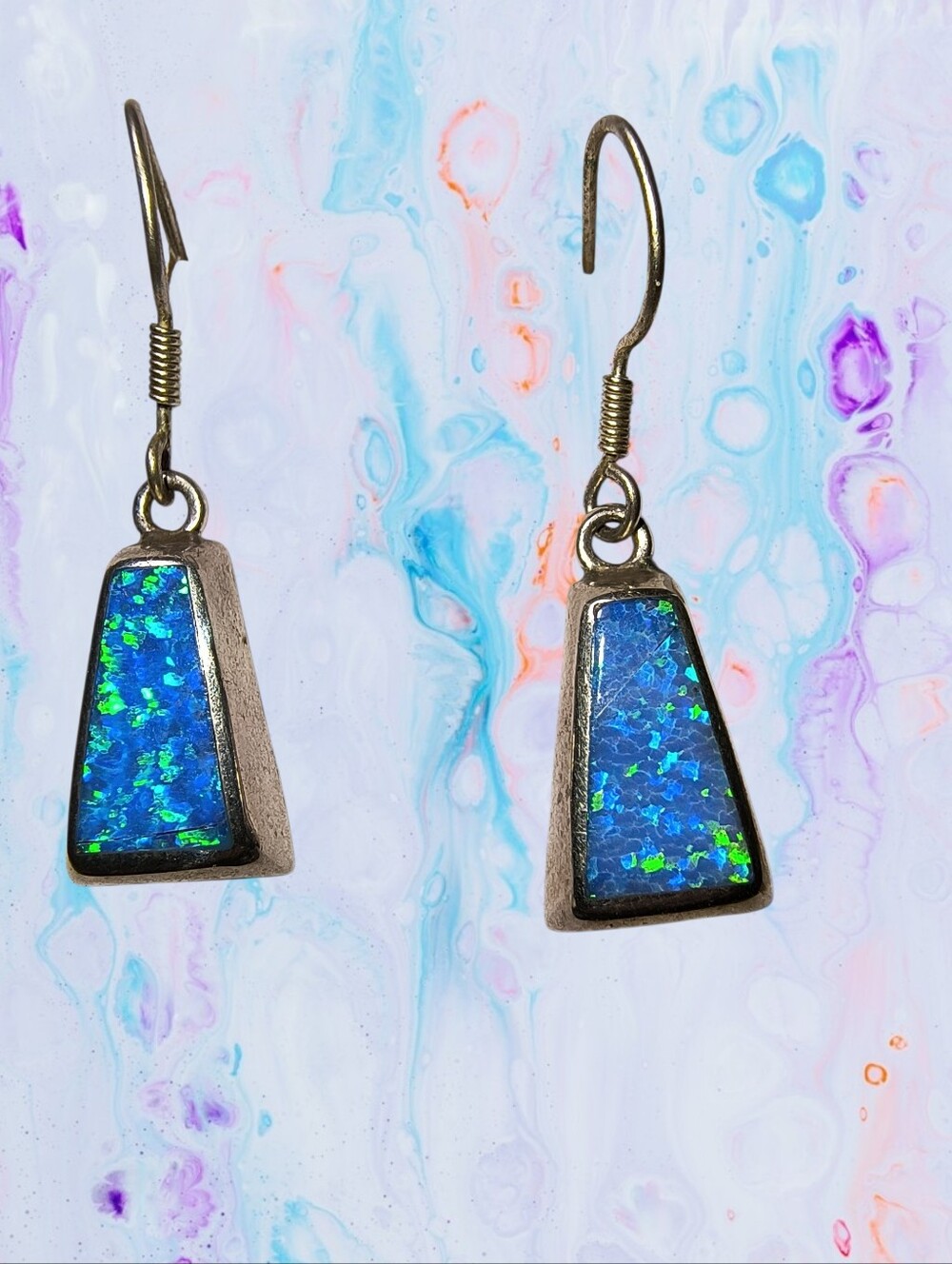 Mexico 950 Silver And Blue Green Lab Opal Dangle Earrings